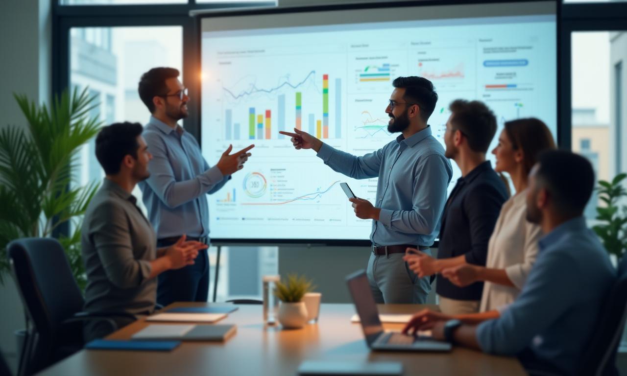 Team di marketing digitale che collabora su grafici di crescita e analisi