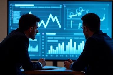 Due professionisti che discutono strategie di marketing digitale davanti a un grande schermo con grafici di analisi.