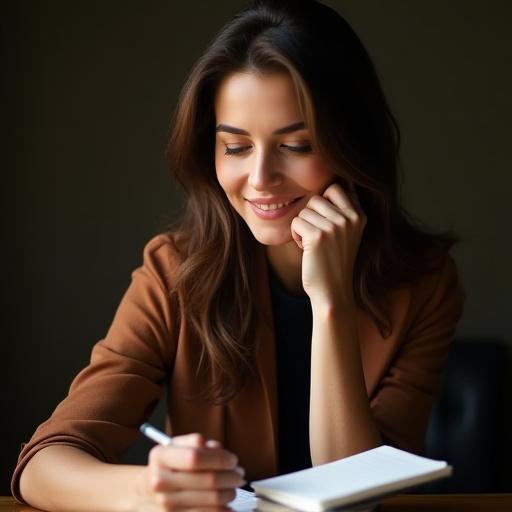 Sofia Ricci, Content Strategist di Giglio Grow, donna riflessiva che scrive in un taccuino